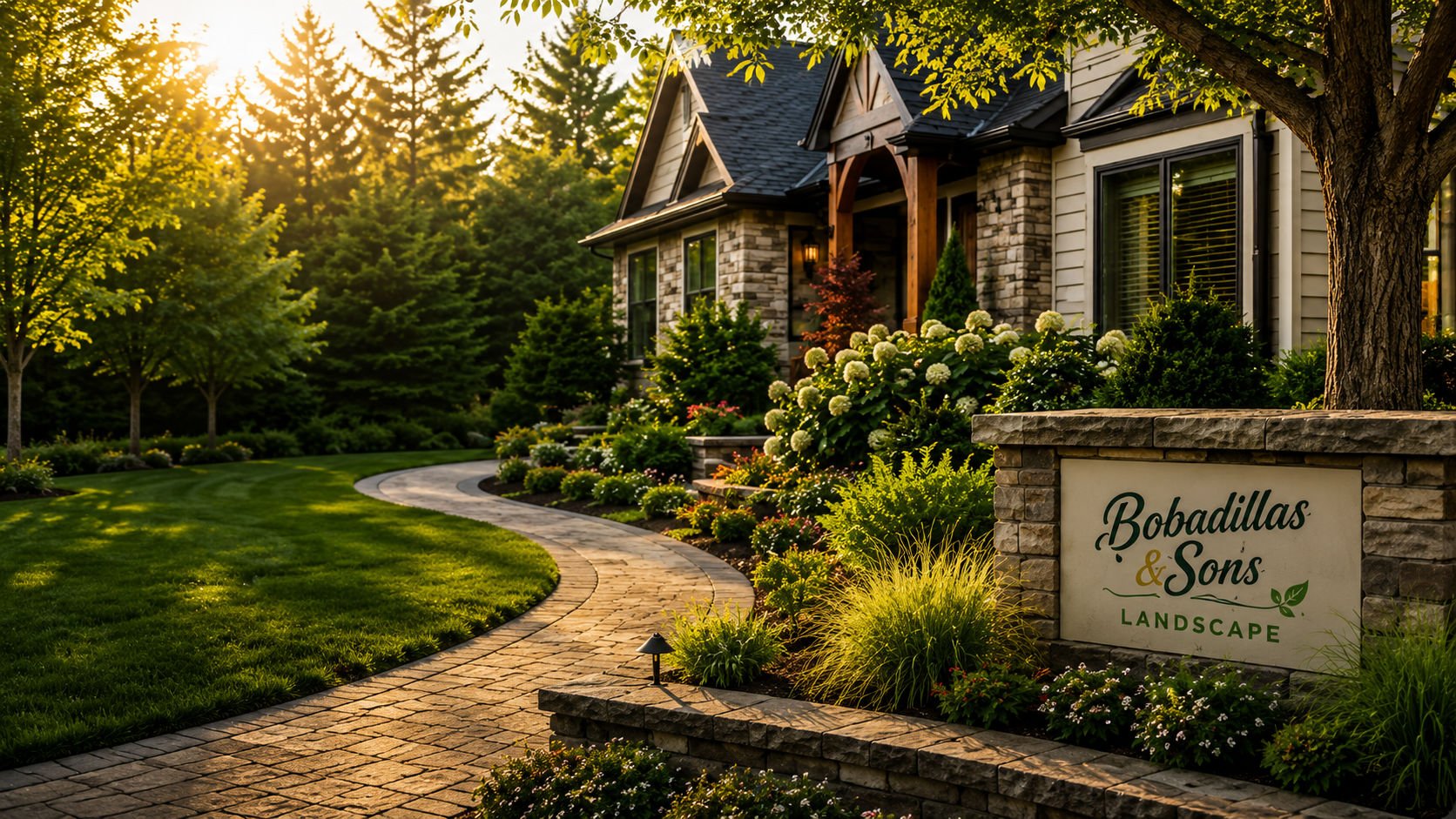 Professionally landscaped residence with stone walkway and gardens